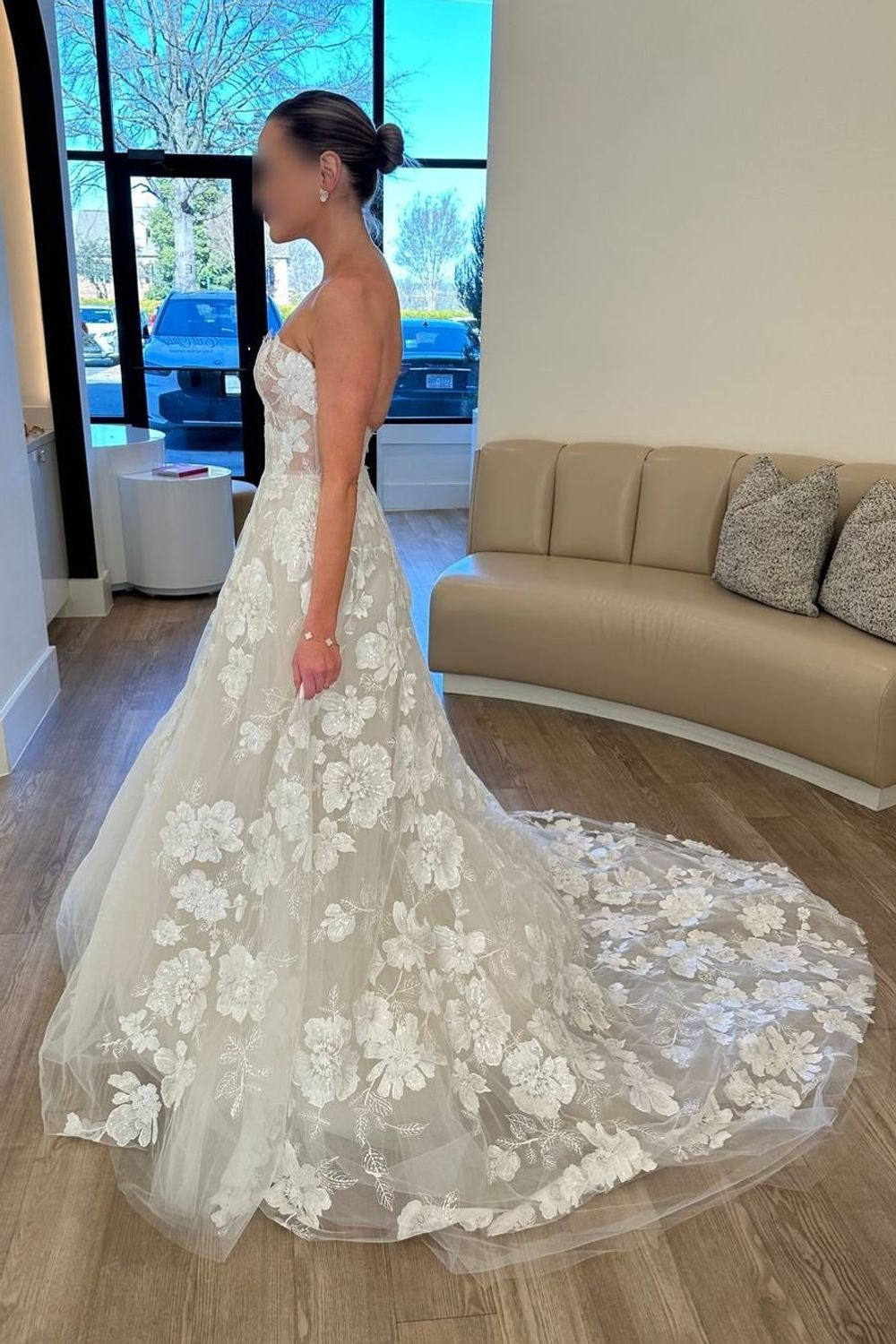Strapless A-Line Floral Lace Wedding Dress