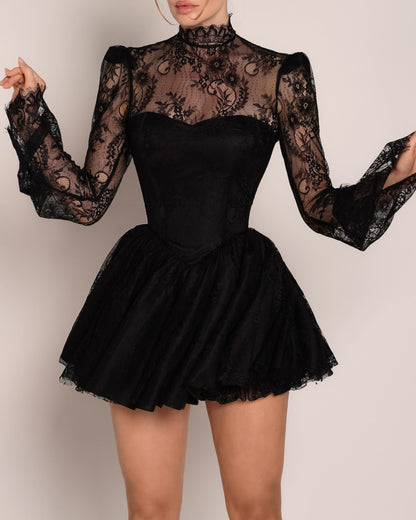 High Neck Lace Corset Mini Dress with Bell Sleeves