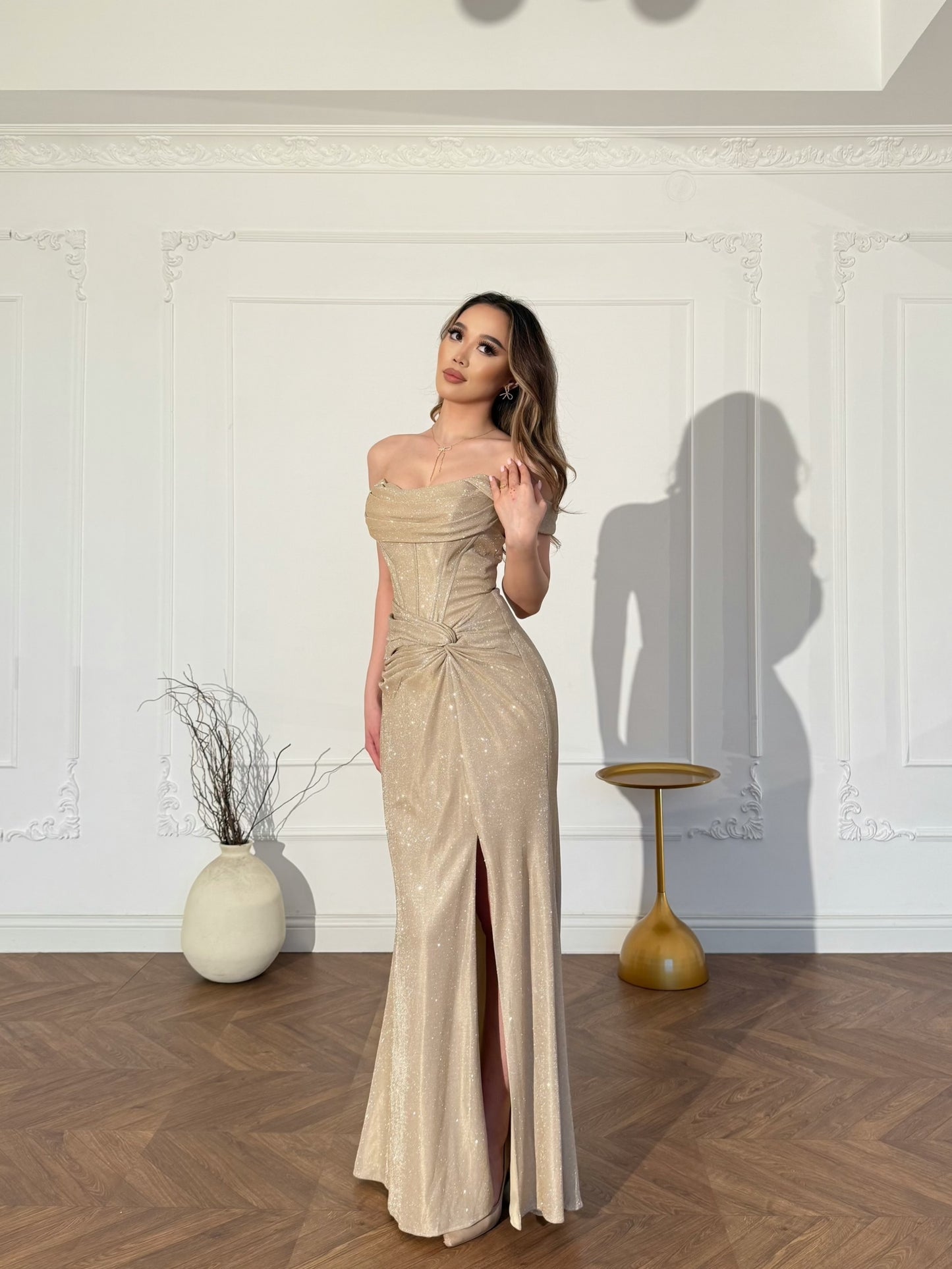 Off-the-Shoulder Glitter Corset Gown with Slit
