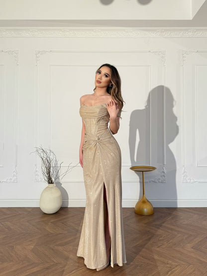 Off-the-Shoulder Glitter Corset Gown with Slit