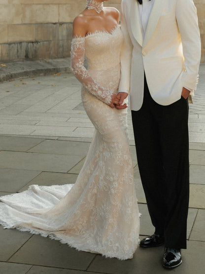 Off-the-Shoulder Long Sleeve Lace Mermaid Wedding Dress