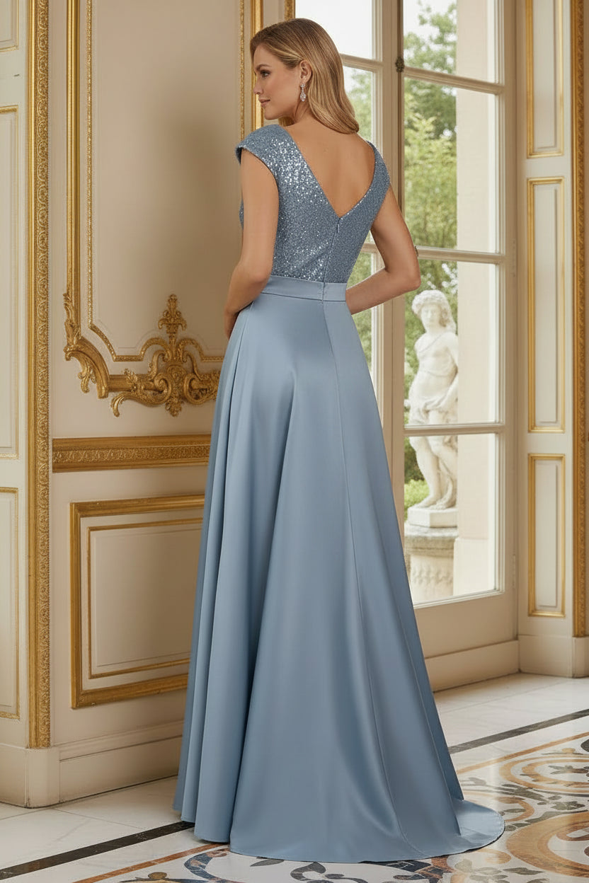 Sequin Wrap Bodice Satin A-Line Evening Gown