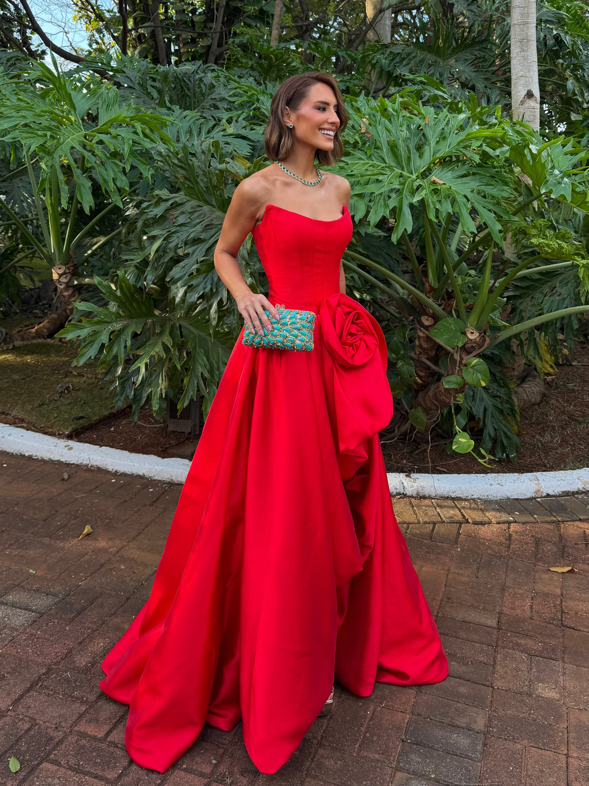 Strapless High-Low Gown with Rosette Detail