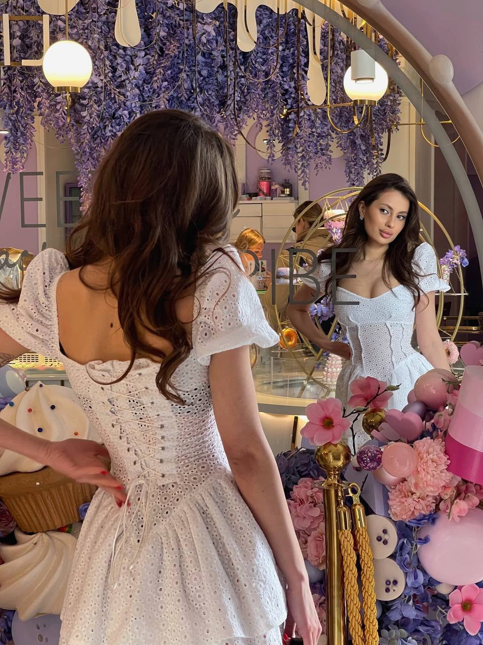 Eyelet Lace Corset Mini Dress with Puff Sleeves