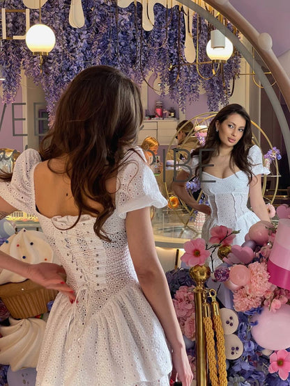 Eyelet Lace Corset Mini Dress with Puff Sleeves