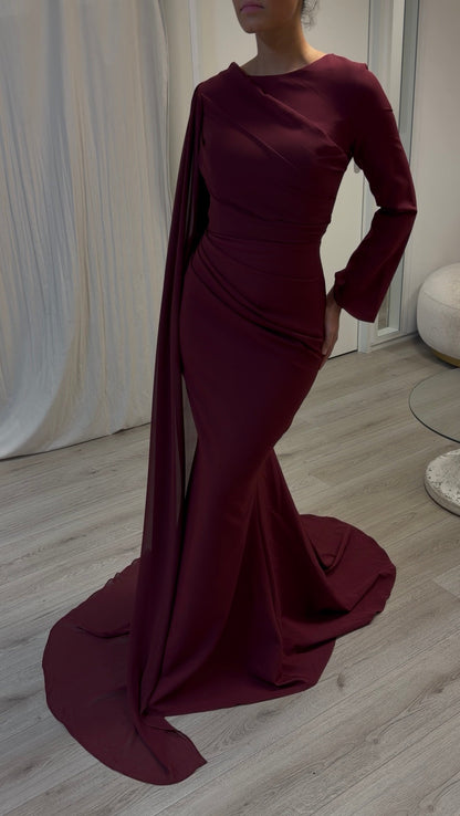Ruched Mermaid Gown with Draped Cape Sleeve