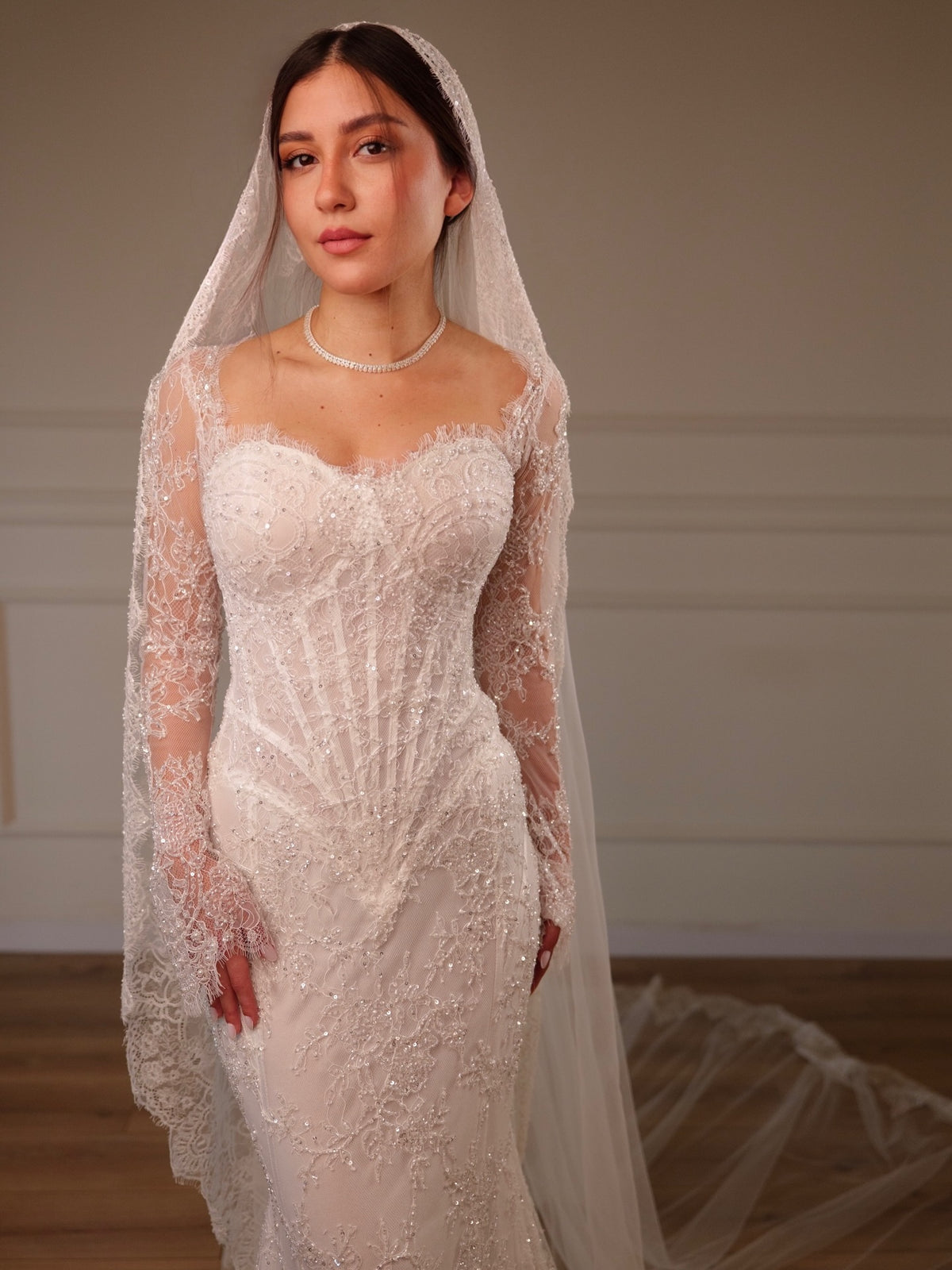 Corset Lace Mermaid Wedding Dress with Long Sleeves