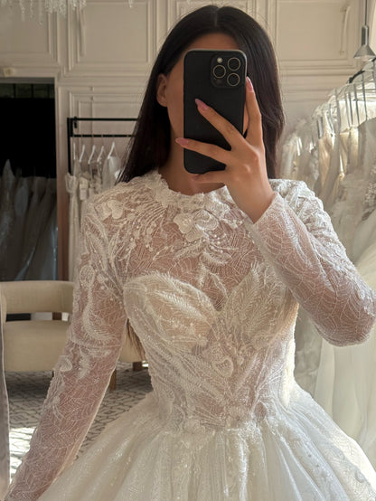 Long Sleeve High Neck Glitter Ball Gown Wedding Dress