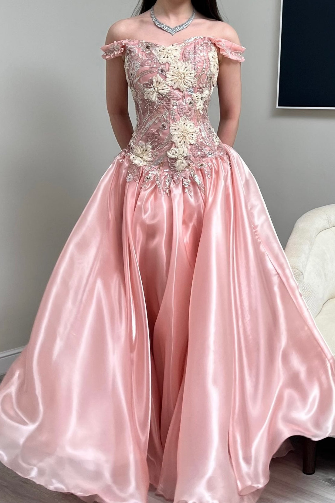 Off-the-Shoulder Floral Applique Ball Gown
