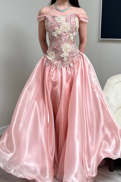 Off-the-Shoulder Floral Applique Ball Gown