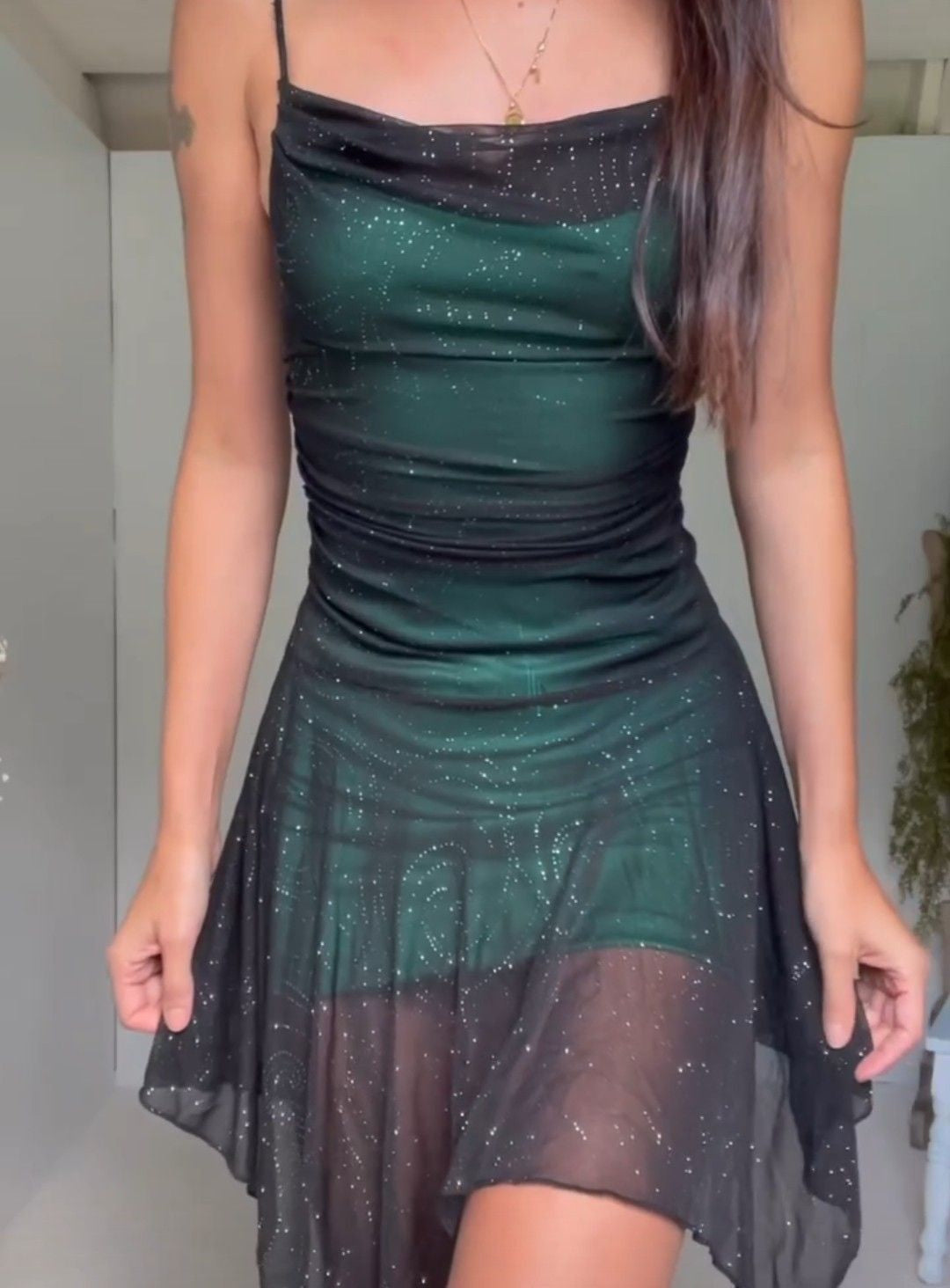 Glitter Mesh Cowl Neck Ruched Asymmetrical Slip Dress
