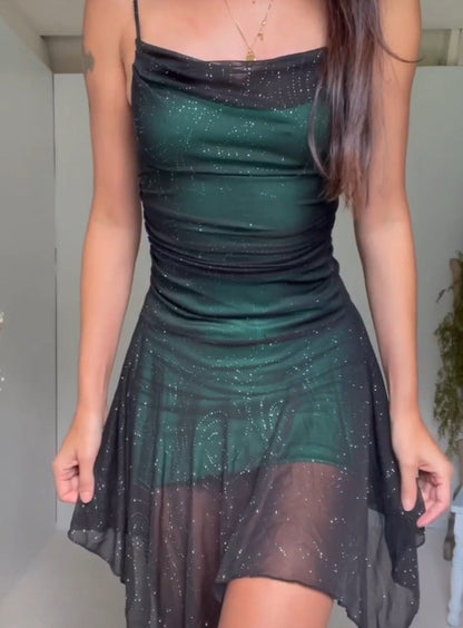 Glitter Mesh Cowl Neck Ruched Asymmetrical Slip Dress