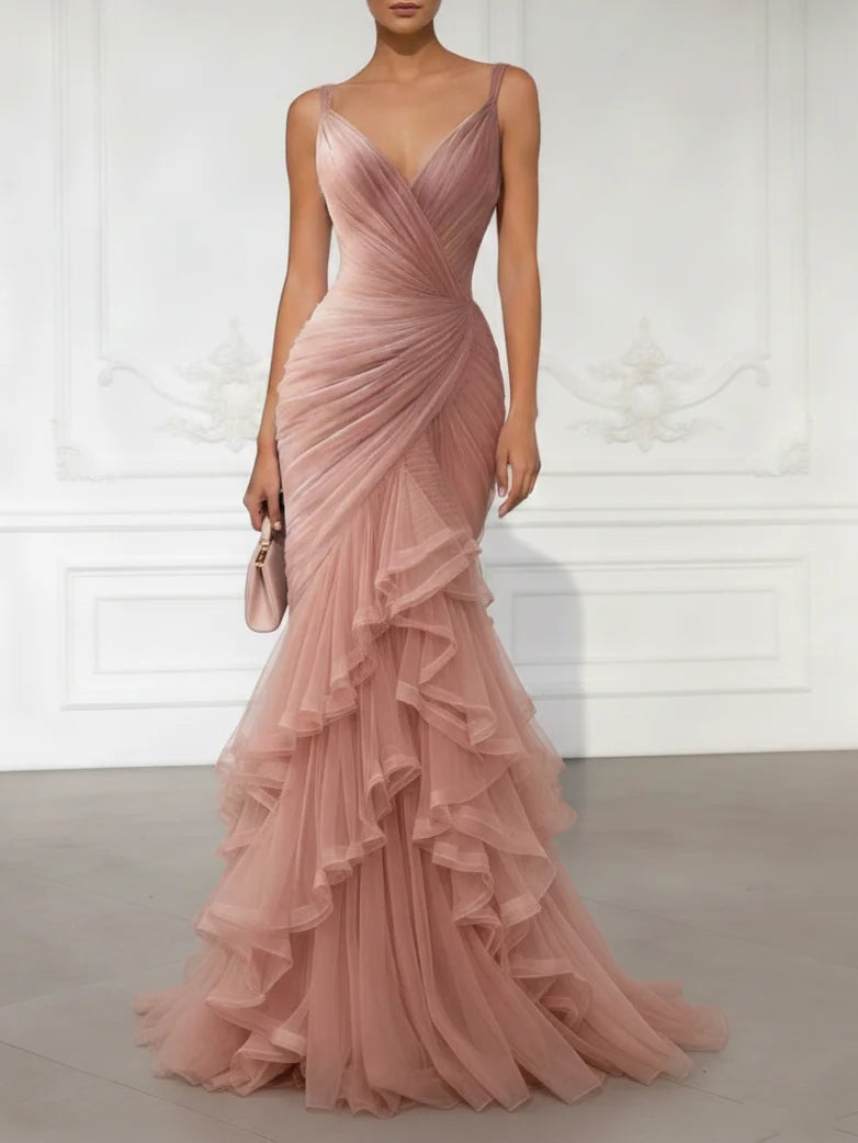 Ruched Tulle Mermaid Ruffle Evening Gown