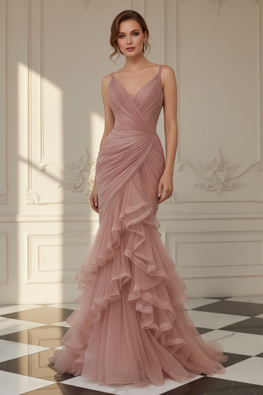 Ruched Tulle Mermaid Ruffle Evening Gown