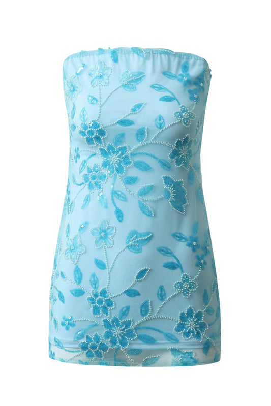 Strapless Floral Beaded Mesh Mini Dress