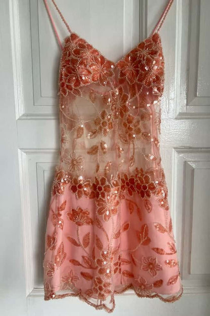 Floral Beaded Sequin Illusion Mini Dress