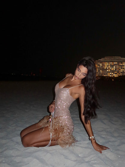Glitter Bodycon Mini Dress with Feather Hem