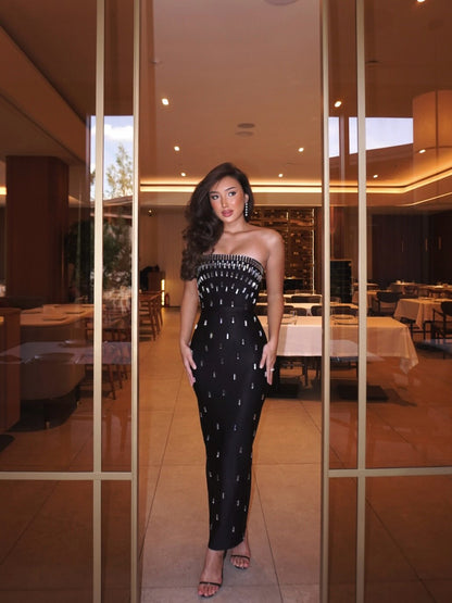 Strapless Embellished Column Maxi Dress