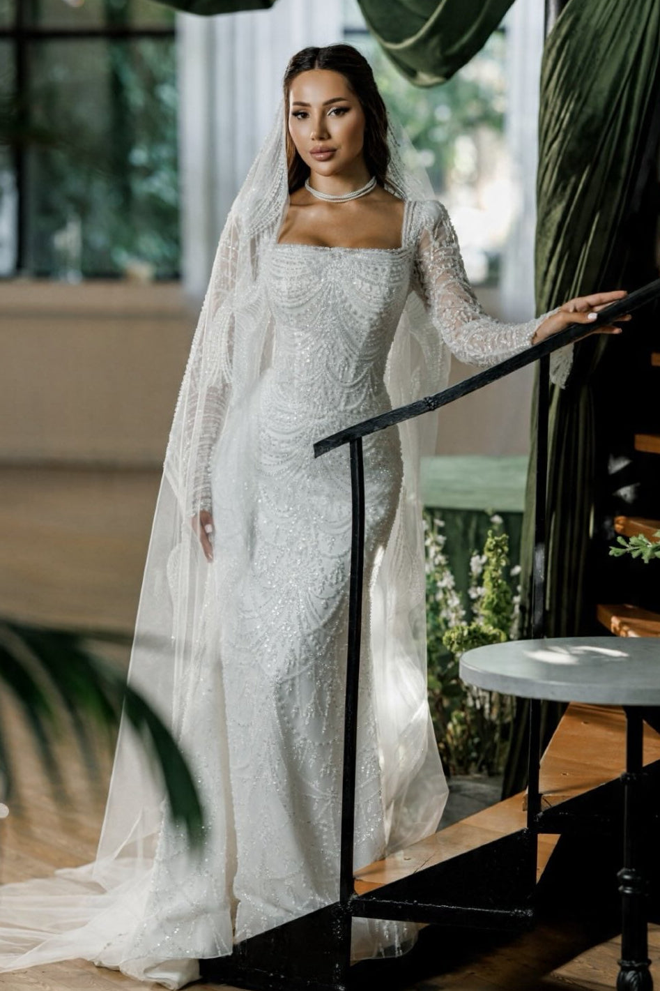 Beaded Square Neck Long Sleeve Wedding Dress