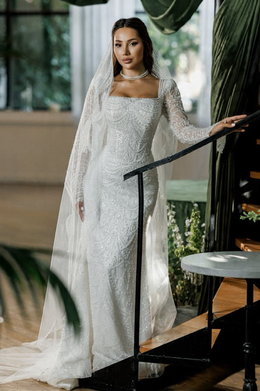 Beaded Square Neck Long Sleeve Wedding Dress