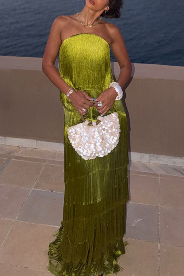 Strapless Tiered Fringe Maxi Gown