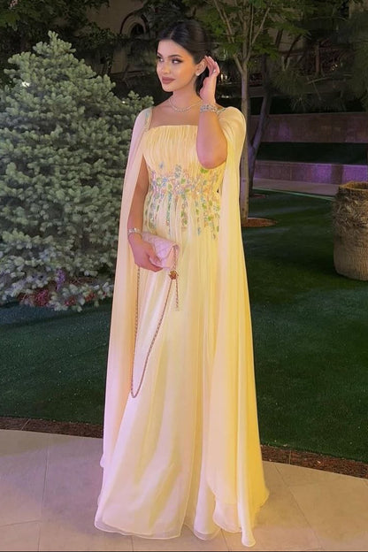 Embroidered Cape Sleeve Chiffon Evening Gown