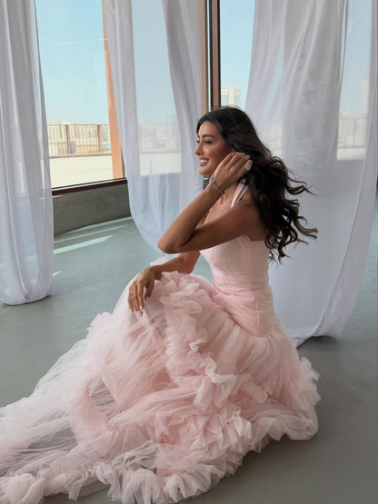 Tiered Tulle Ruffle Halter Evening Gown
