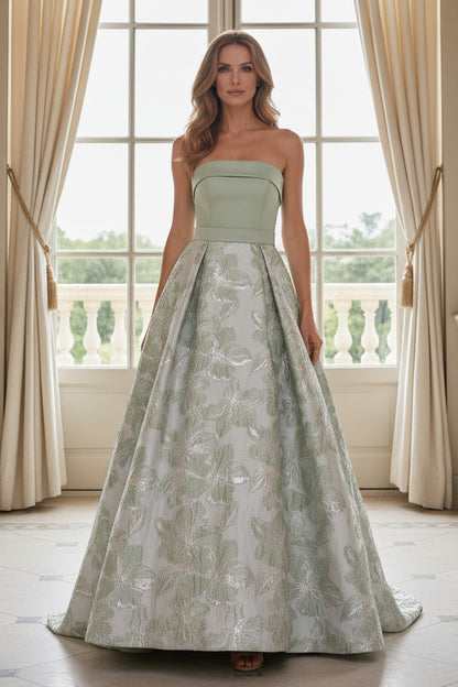 Strapless Floral Jacquard Pleated Evening Gown