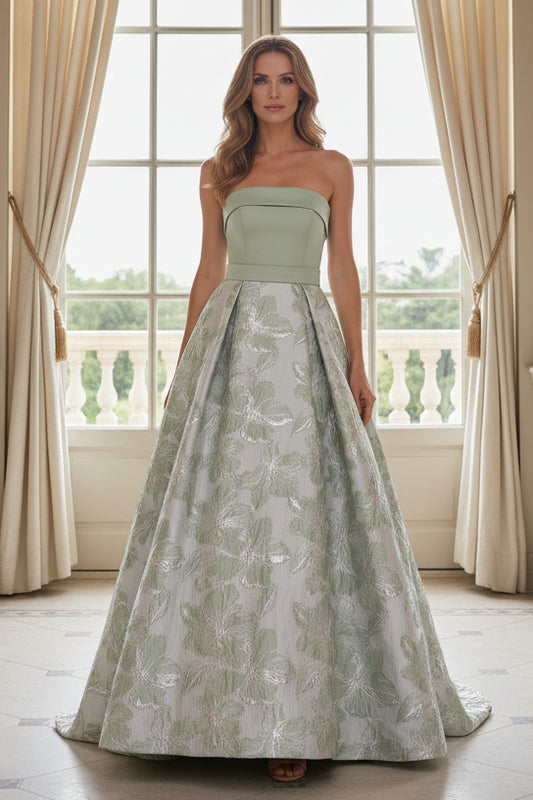 Strapless Floral Jacquard Pleated Evening Gown
