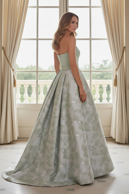 Strapless Floral Jacquard Pleated Evening Gown