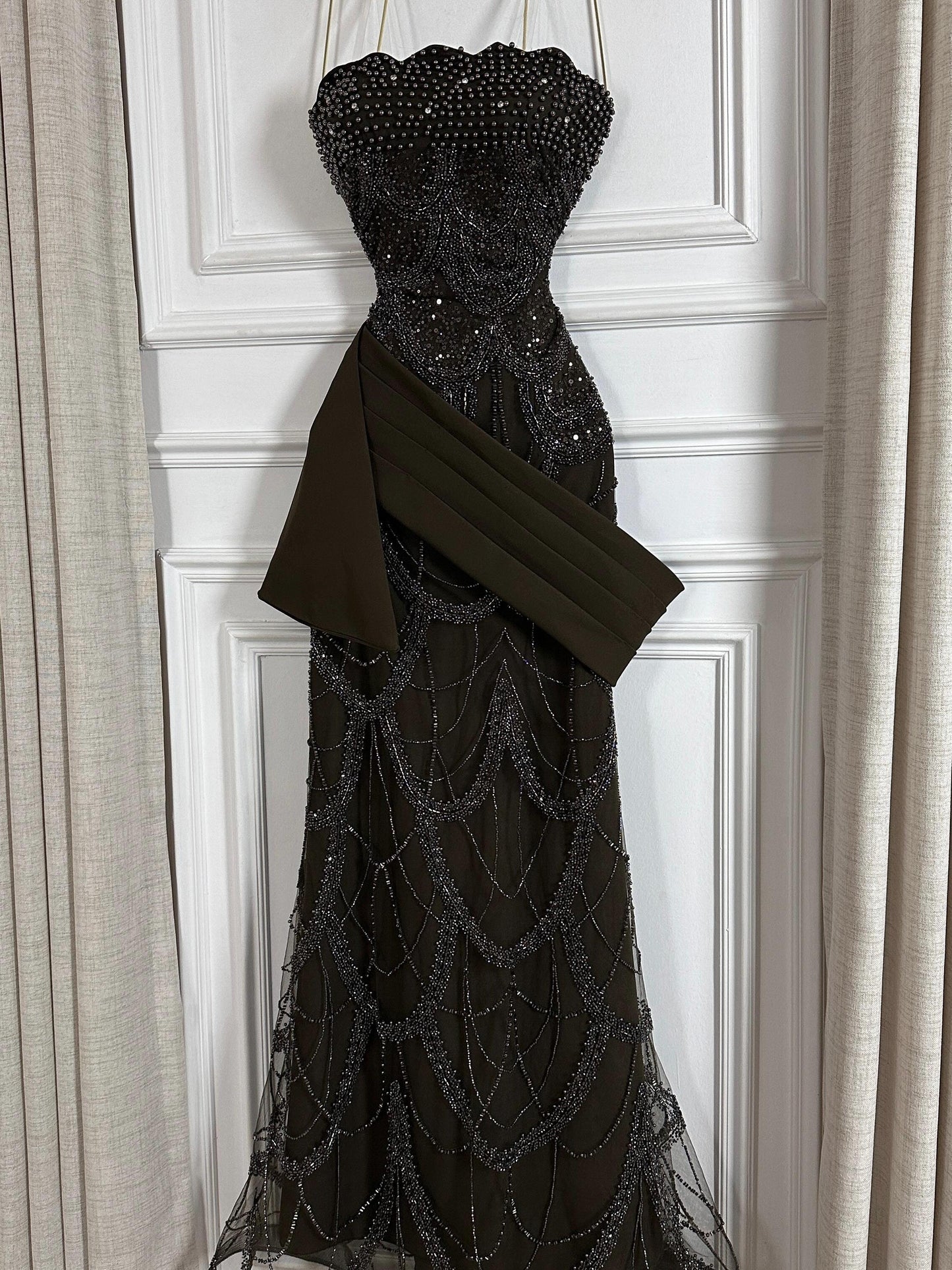 Beaded Mermaid Evening Gown with Satin Drape