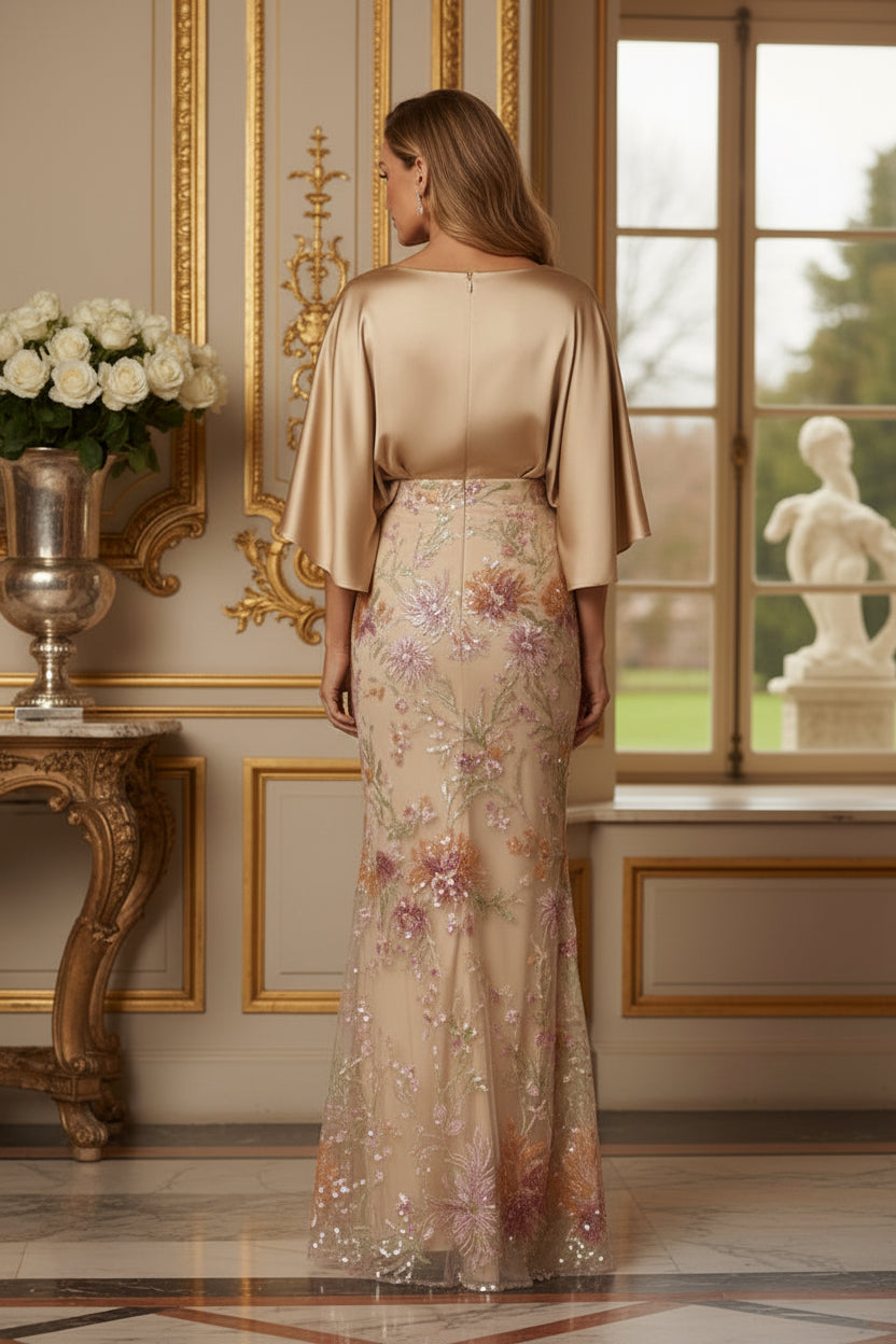 Satin Cape Bodice Sequin Floral Evening Gown