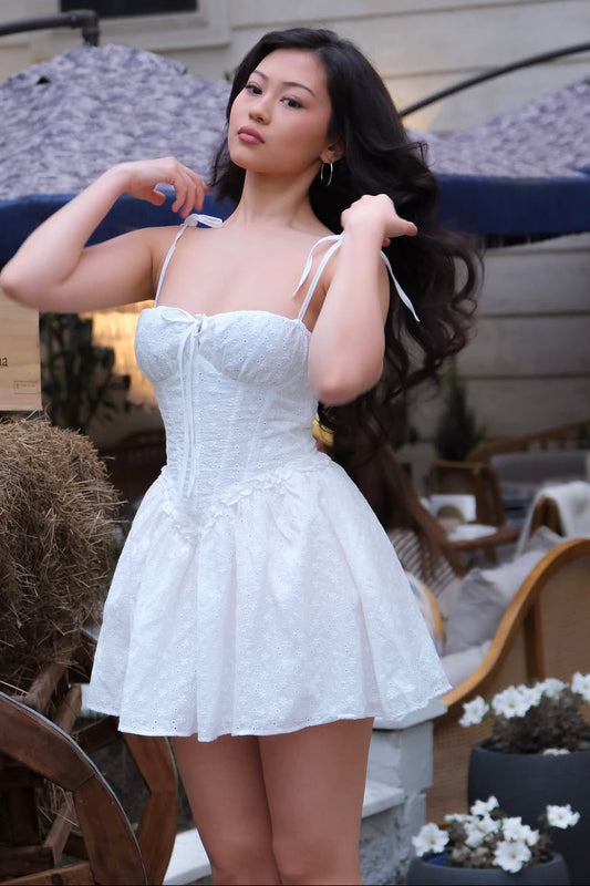 Tie-Strap Eyelet Corset Mini Dress