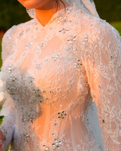 High Neck Long Sleeve Lace Wedding Dress with Overskirt