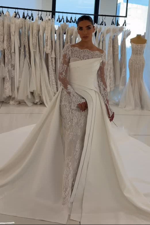 Lace Long Sleeve Wedding Dress with Satin Overskirt