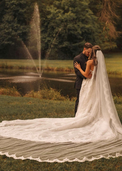 Strapless Lace Ball Gown with Cathedral Train