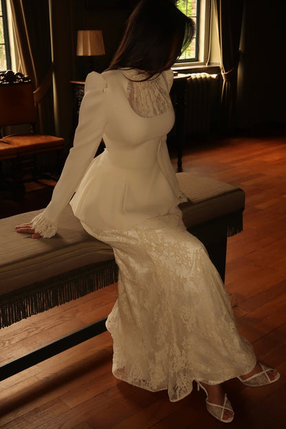 Peplum Long Sleeve Lace Maxi Dress