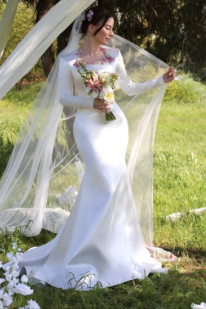 Embroidered Floral Square Neck Mermaid Wedding Dress
