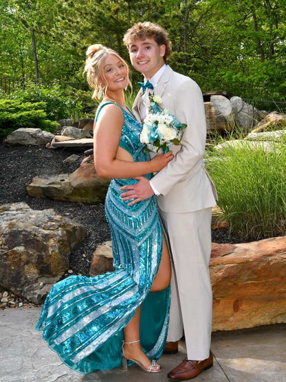 Sequin Open Back High Slit Evening Gown