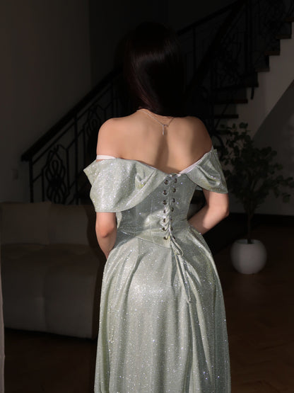 Off-The-Shoulder Corset Glitter Evening Gown