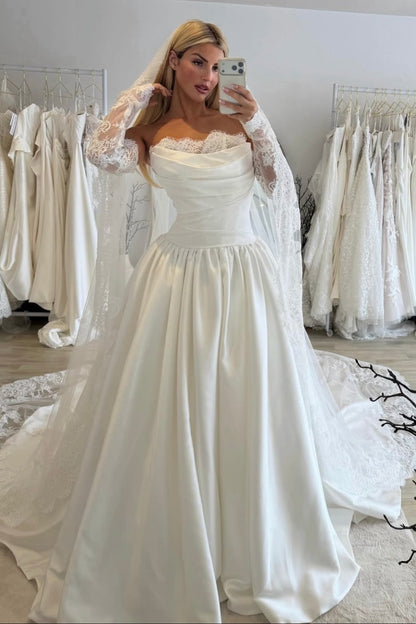 Off-the-Shoulder Ball Gown Wedding Dress with Lace Sleeves