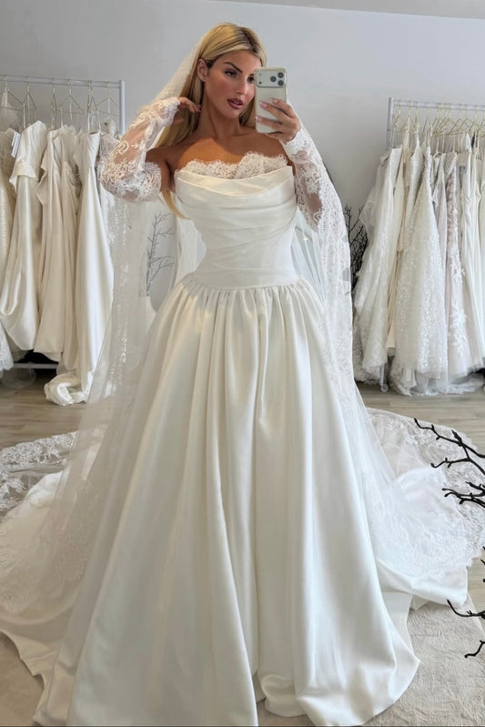Off-the-Shoulder Ball Gown Wedding Dress with Lace Sleeves