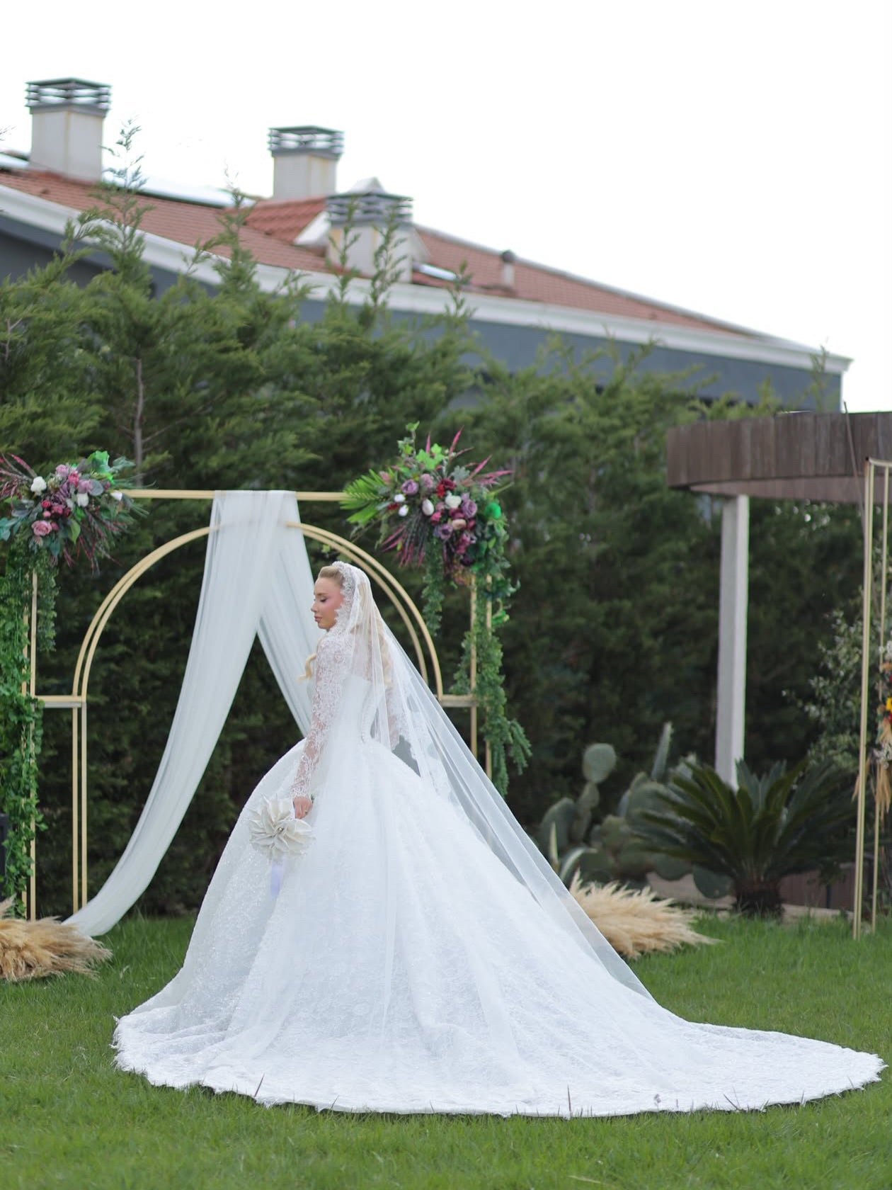 High Neck Lace Long Sleeve Ball Gown Wedding Dress