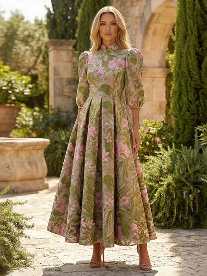 Floral Jacquard A-Line Dress with Puff Sleeves
