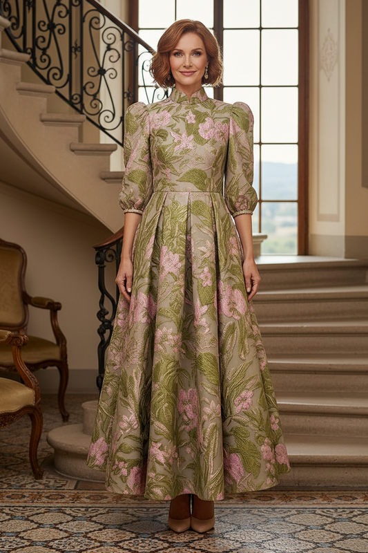 Floral Jacquard A-Line Dress with Puff Sleeves