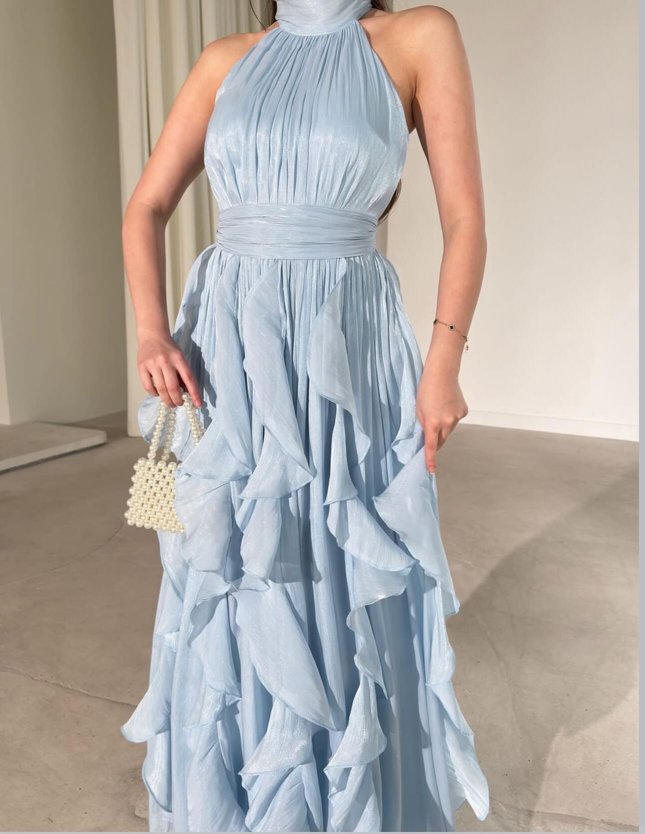 Halter Neck Pleated Ruffle Evening Gown