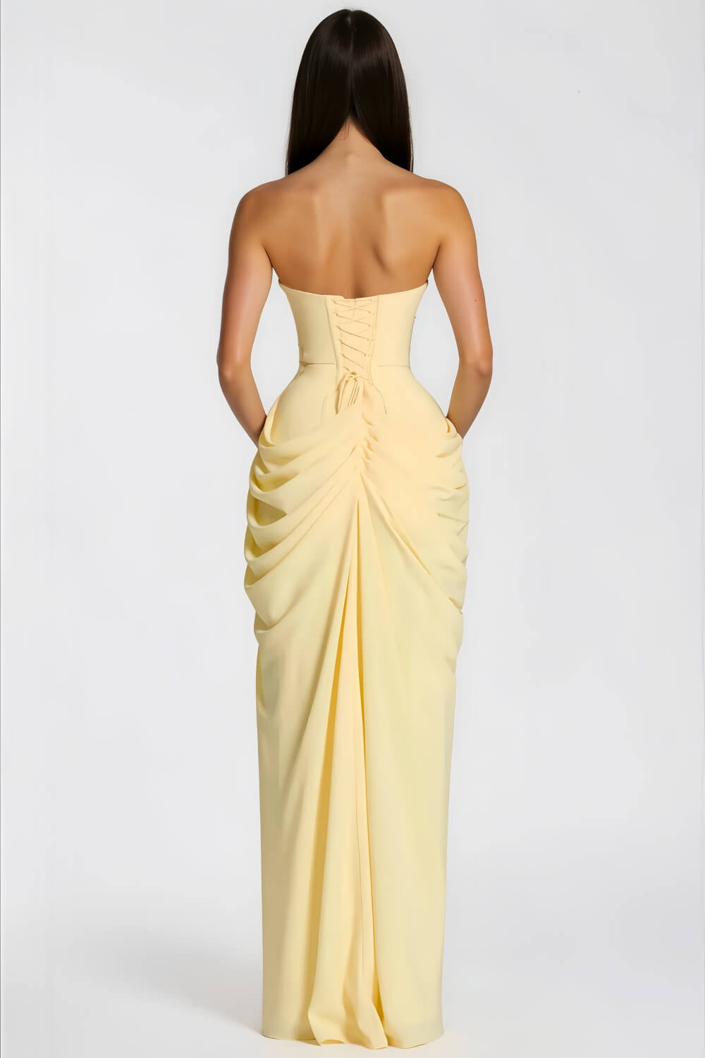 Strapless Draped Corset Gown with High Slit