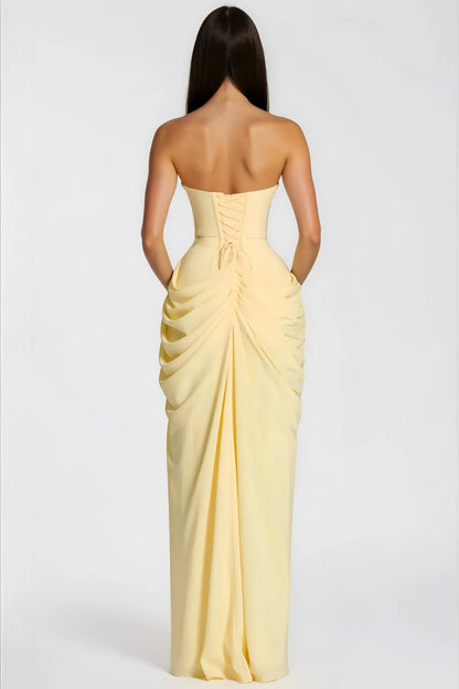 Strapless Draped Corset Gown with High Slit
