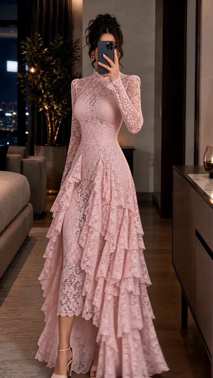 Long Sleeve Lace High-Low Tiered Wedding Gown
