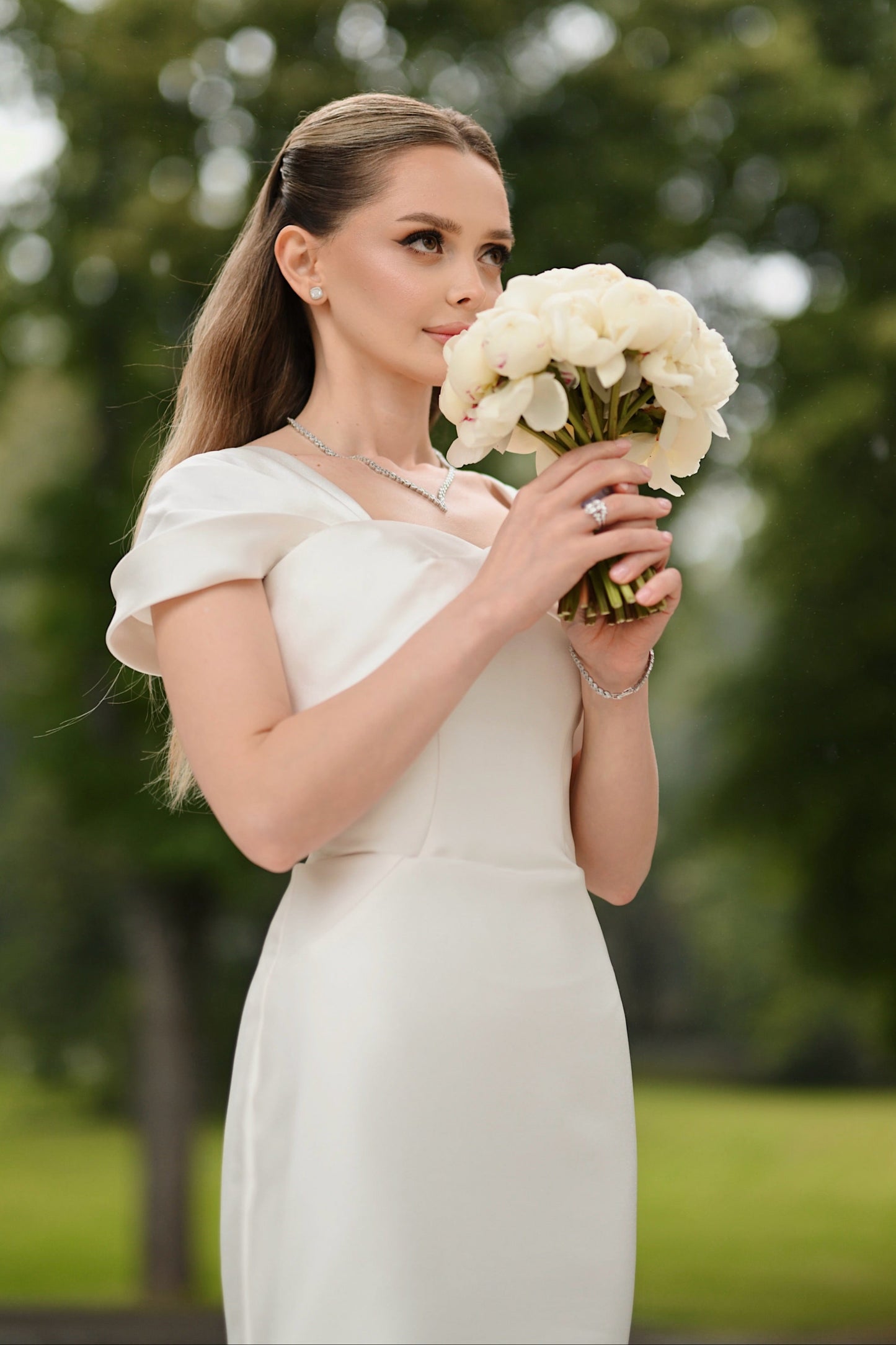 A-Line Satin Wedding Dress with Folded Cap Sleeves